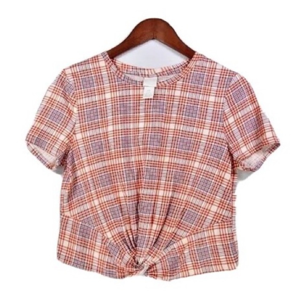 H&M Red and White Checkered Knot-Front Tee